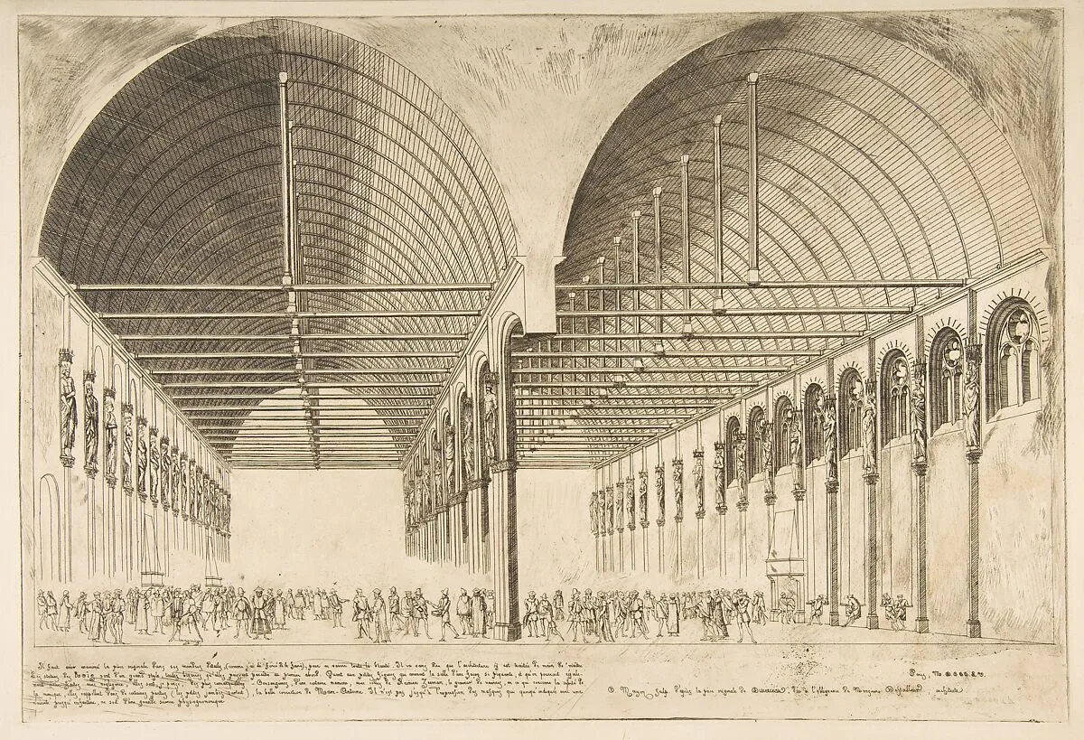 La salle des pas-perdus a l'ancien Palais de Justice (The antechamber of the Palais de Justice, Paris, Reproduction after the original by Jacques Anrouet Du Cerceau) — Charles Meryon|Jacques Androuet Du Cerceau