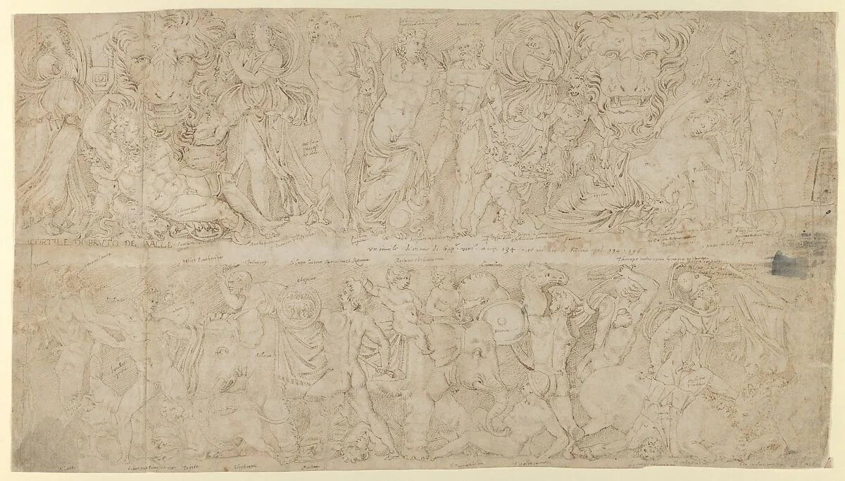 Sheet with Drawings after Roman relief decorations from objects in the Collection of Cardinal Bruto della Valle. Recto: Friezes from Roman Sarcophagi with Dyonisus; Marble Funerary Relief of Lucius Antistius Sarculo and his wife Antistia Plutia — Anonymous, Italian, 16th century