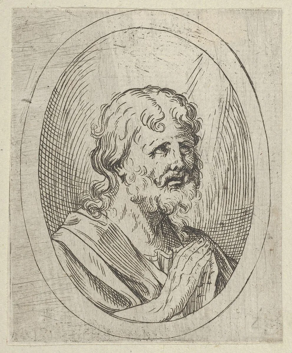 An apostle raising his eyes in prayer, in an oval frame, from "Christ, the Virgin, and Thirteen Apostles" — Anonymous, 17th century|Guido Reni
