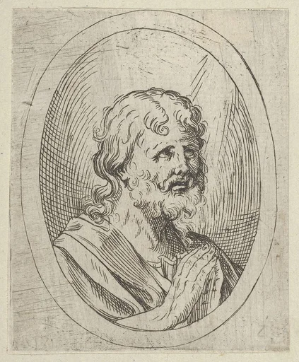 An apostle raising his eyes in prayer, in an oval frame, from "Christ, the Virgin, and Thirteen Apostles"