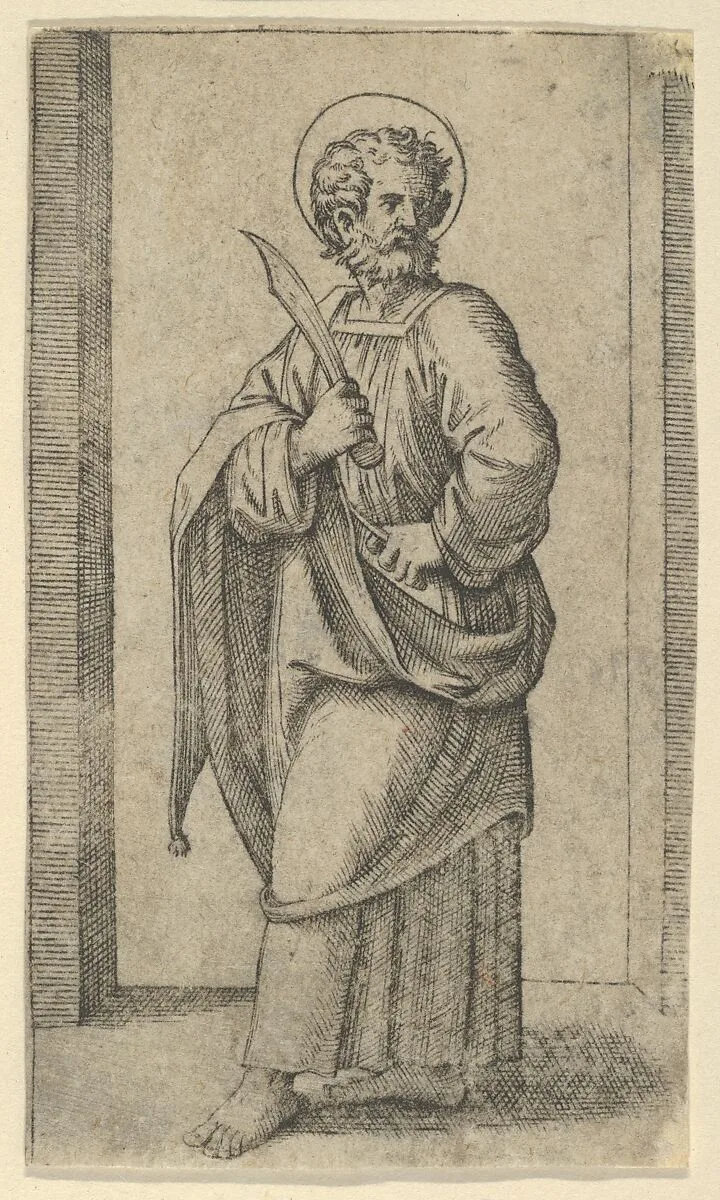 Saint Bartholomew, knife in his right hand, from "Piccoli Santi" (Small Saints) — Marcantonio Raimondi|Raphael (Raffaello Sanzio or Santi)