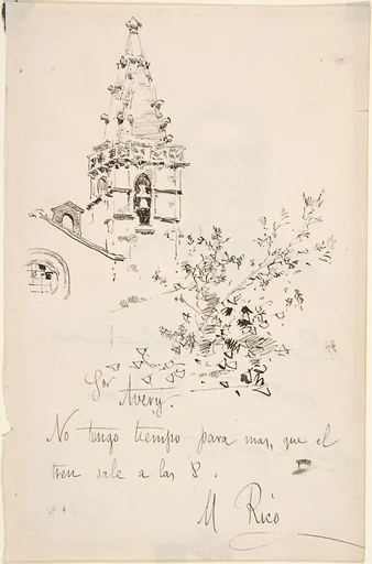 Church Tower with Inscription in Spanish to Avery. Verso: 3/4 View Portrait of Man