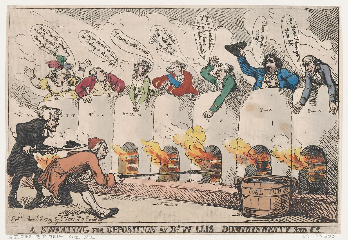 A Sweating for Opposition by Dr. W-llis Dominisweaty and Co. — S. W. Fores|George IV, King of Great Britain and Ireland|Thomas Rowlandson|Charles James Fox|Francis Willis, D.D., M.D.|The Right Honorable Edmund Burke|Richard Brinsley Sheridan|Dorothea Jordan