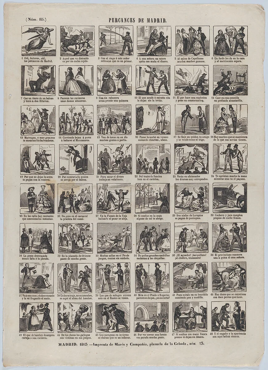 Broadside with 48 scenes depicting the mishaps in/of Madrid — José María Marés