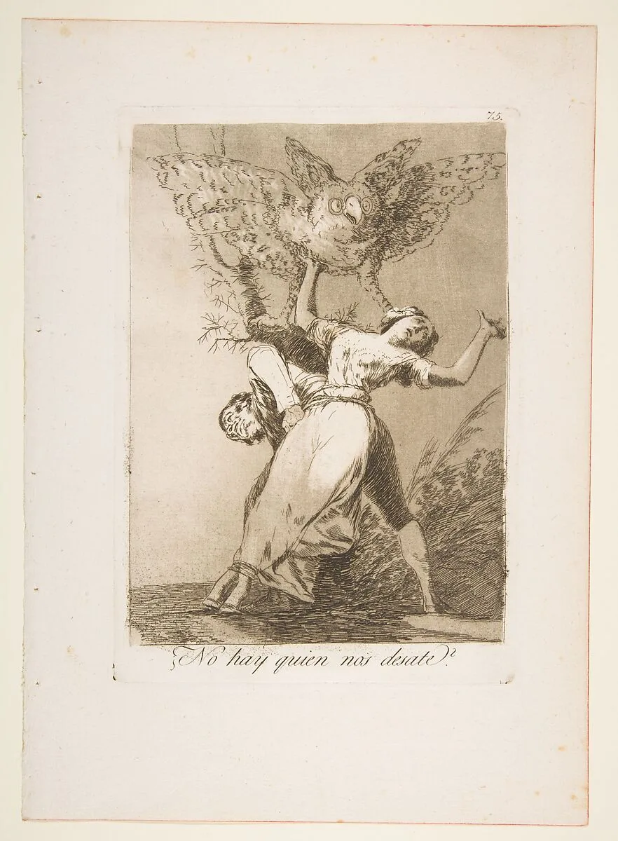 Plate 75 from "Los Caprichos": Is there no one to untie us? (¿No hay quien nos desate?) — Goya (Francisco de Goya y Lucientes)