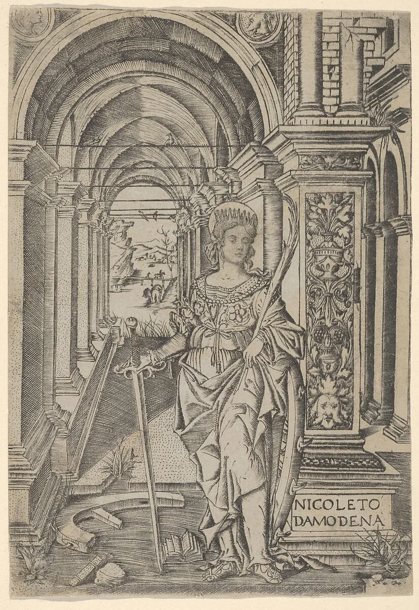 Saint Catherine, sword in her right hand, palm in her left — Nicoletto da Modena