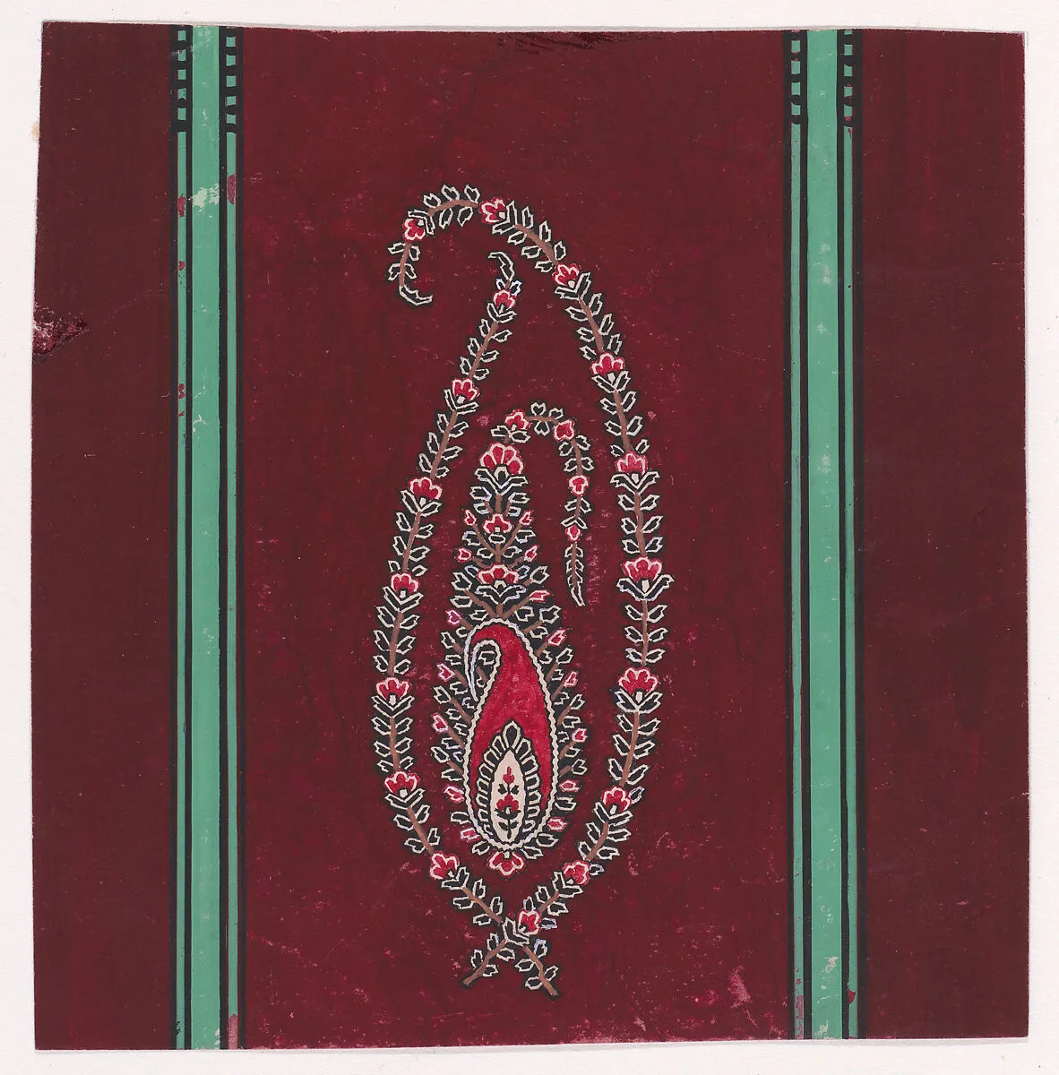 Textile Design with a Paisley Motif Decorated with Branches with Small Stylized Flowers and Leaves Framed by Two Vertical Stripes — Anonymous, Alsatian, 19th century