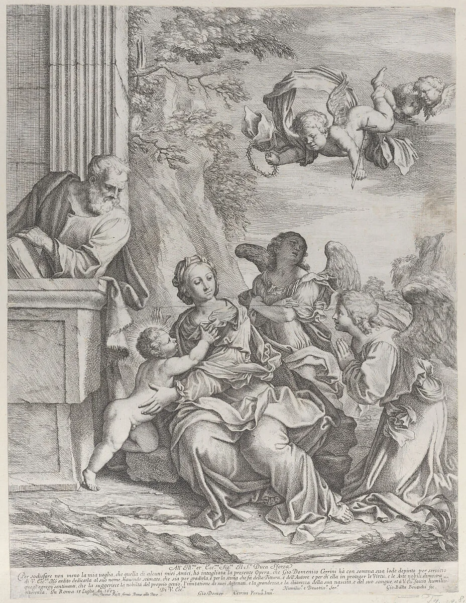 The Holy Family with angels at right and overhead — Giovanni Domenico Cerrini|Giovanni Battista Beinaschi|Giovanni Giacomo De Rossi