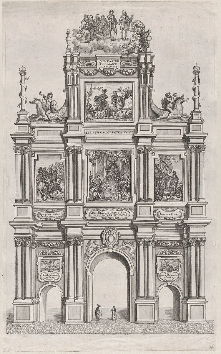 Plate 19: Triumphal arch, elevation of the front, surmounted by a cloud bearing Ferdinand and royal ancestors; from Guillielmus Becanus's 'Serenissimi Principis Ferdinandi, Hispaniarum Infantis...' — Johannes Meursius