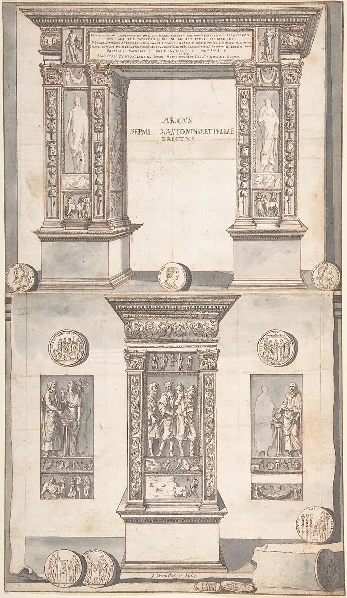 Arch of Septimius Severus, Frontal Elevation (above) and Side View (below) — Jan Goeree