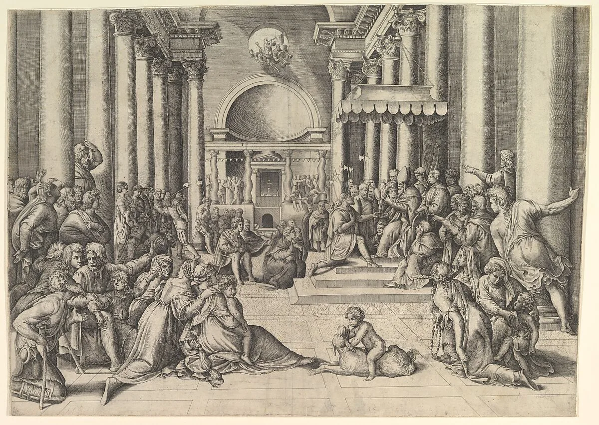 Constantine Presenting the City of Rome to the Holy See, at right, many spectators throughout, a child playing with a dog in the foreground — Battista Franco|Raphael (Raffaello Sanzio or Santi)