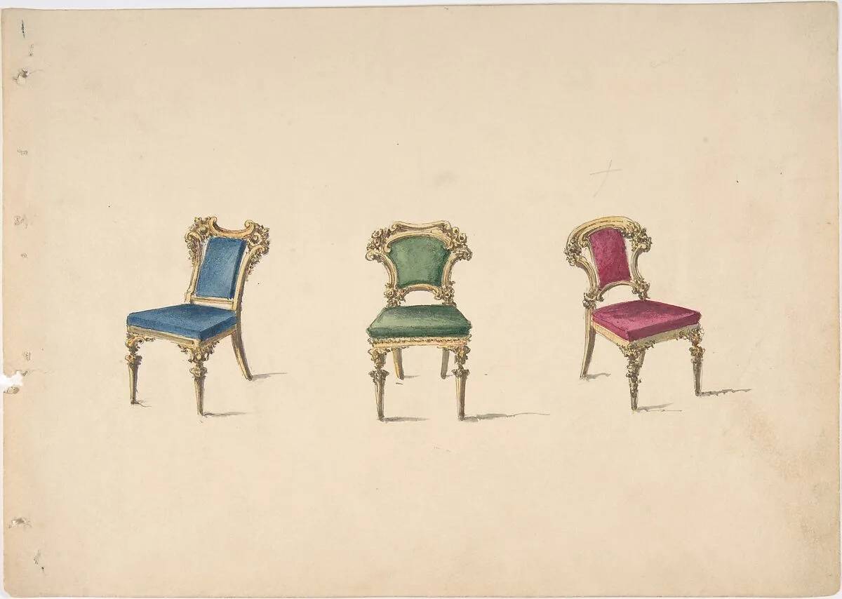 Design for Three Chairs with Blue, Green and Red Upholstery — Anonymous, British, 19th century