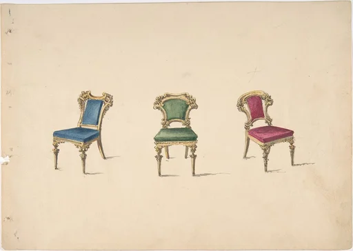 Design for Three Chairs with Blue, Green and Red Upholstery