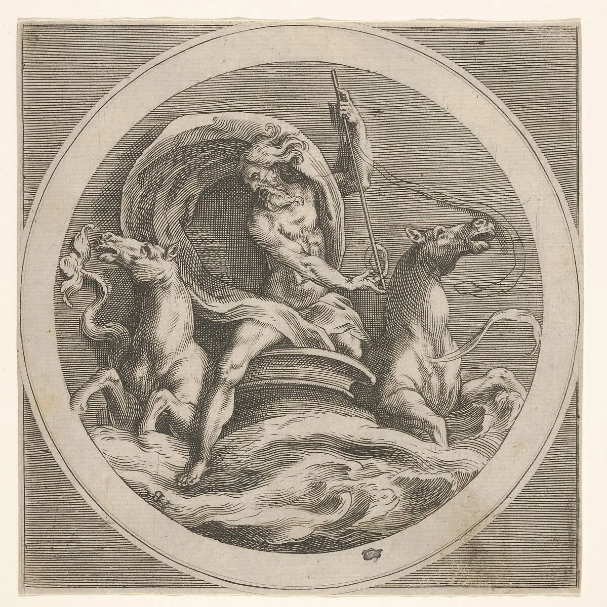 Neptune rising from the sea and bearing a staff, accompanied by two horse-headed sea creatures, reverse copy after a series of engravings by Cherubino Alberti of mythological scenes after Polidoro da Caravaggio — Anonymous|Cherubino Alberti (Zaccaria Mattia)|Polidoro da Caravaggio