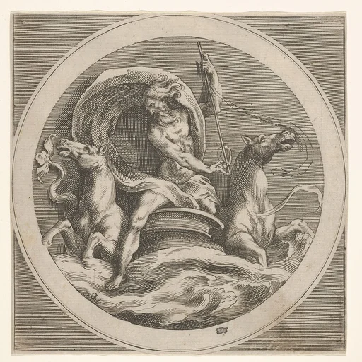 Neptune rising from the sea and bearing a staff, accompanied by two horse-headed sea creatures, reverse copy after a series of engravings by Cherubino Alberti of mythological scenes after Polidoro da Caravaggio