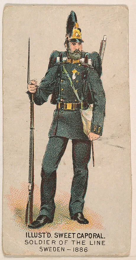 Soldier of the Line, Sweden, 1886, from the Military Series (N224) issued by Kinney Tobacco Company to promote Sweet Caporal Cigarettes — Kinney Brothers Tobacco Company