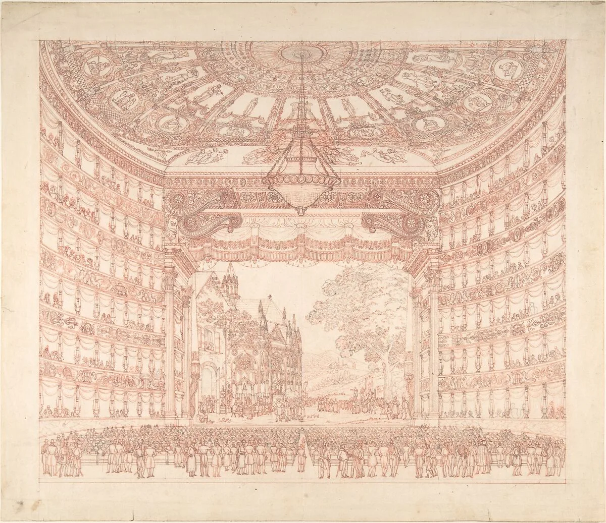 Stage Set with Peasants Meeting in Village Setting — Anonymous, Italian, 19th century