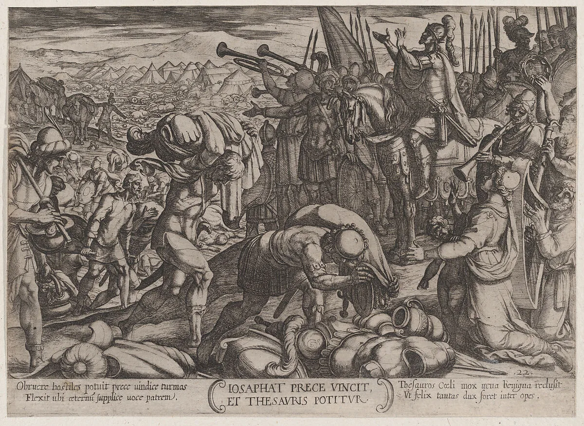 Plate 22: Josaphat Thanking God for His Victory, from 'The Battles of the Old Testament' — Antonio Tempesta|Nicolaus van Aelst