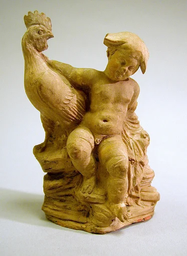 Terracotta statuette of a boy and a rooster