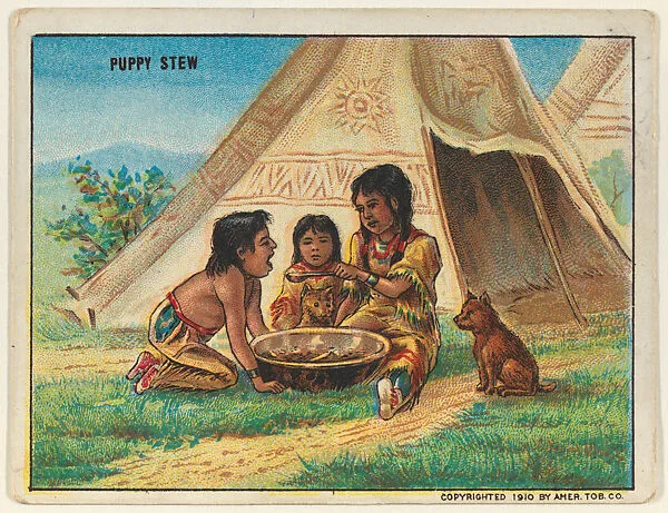 Puppy Stew, from the "Indian Life in the 60's" series (T73), issued with Hassan Cork Tip Cigarettes by the American Tobacco Company — American Tobacco Company