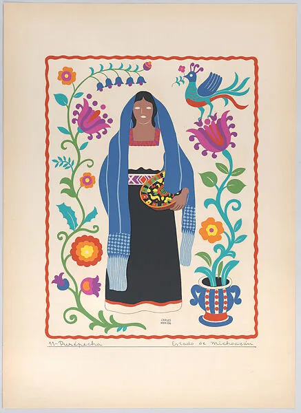 Plate 11: a Purépecha (or Tarascan) woman from the state of Michoacán, from 'Trajes regionales mexicanos' (regional Mexican dress) — Carlos Mérida|Editorial Atlante