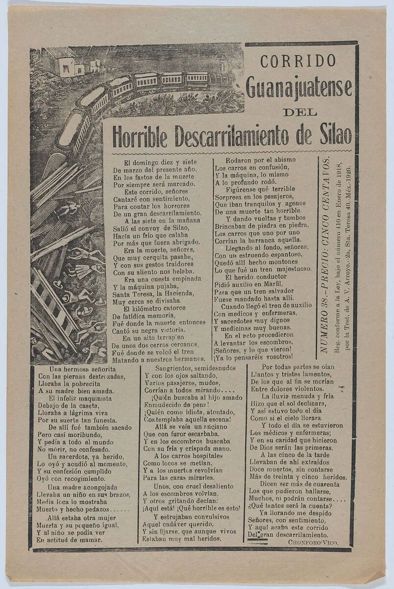 Broadsheet relating to a train accident in Guanajuatense and the many fatalities — José Guadalupe Posada|Antonio Vanegas Arroyo