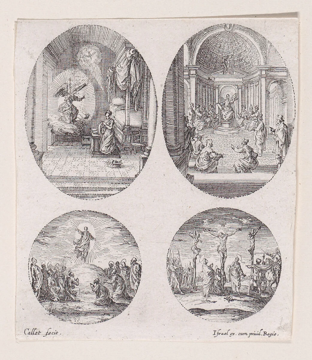 Plate Containing Three Oval Medallions, from "Variae tum Passionis Christi tum vitae beatae Mariae Virginis; Les Mystères de la Passion suite appelée aussi Mystères de la Vie de Jésus et Mystères de la Vie de Jésus et de la Vie de la Ste. Vierge" (The Mysteries of the Passion, also called the Mysteries of the Life of Jesus, and the Mysteries of the Life of Jesus and of the Virgin) — Jacques Callot|Israël Henriet