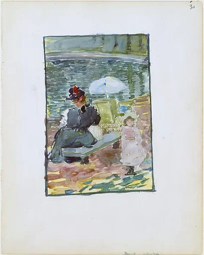 Large Boston Public Garden Sketchbook: A mother sitting at the edge of a pond with her baby and a young daughter