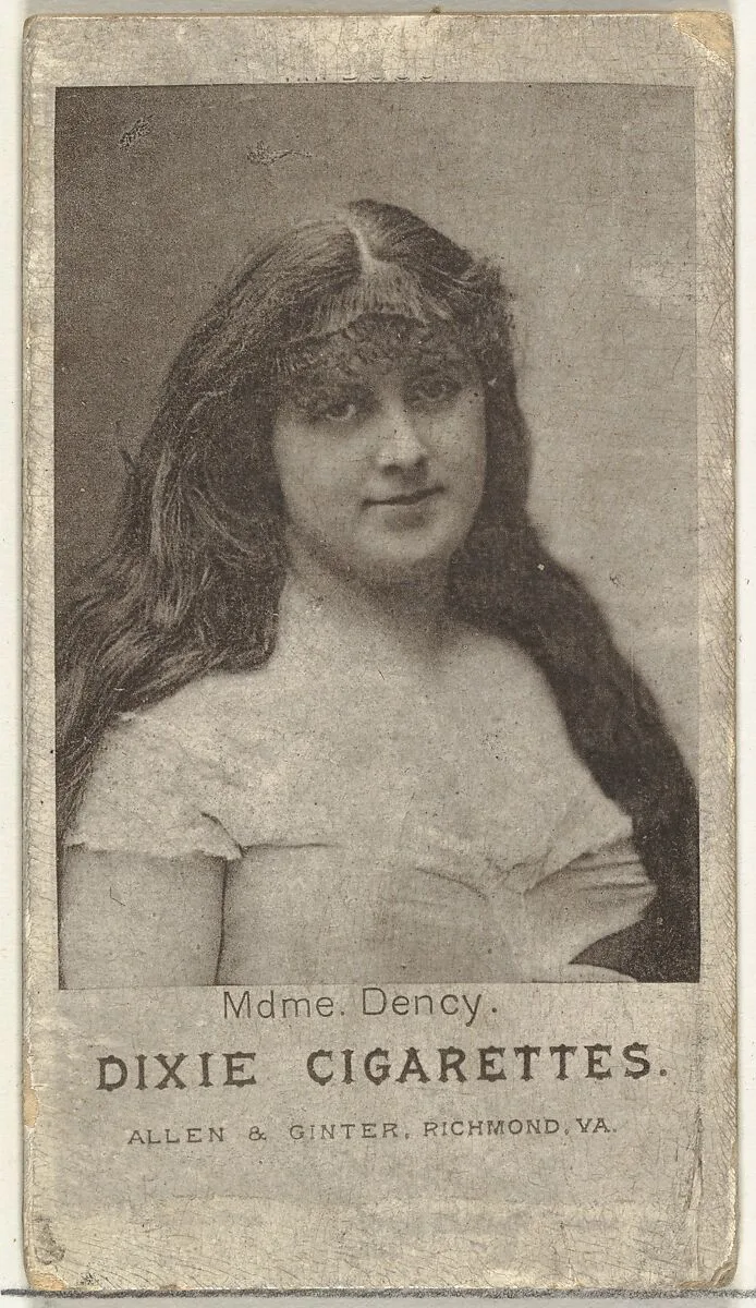 Mdme. Dency, from the Actresses series (N67) promoting Dixie Cigarettes for Allen & Ginter brand tobacco products — Allen & Ginter
