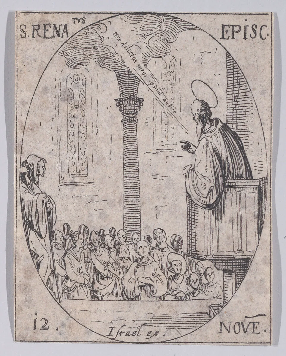 S. René, évêque (St. Renatus, Bishop), November 12th, from "Les Images De Tous Les Saincts et Saintes de L'Année" (Images of All of the Saints and Religious Events of the Year) — Israël Henriet|Jacques Callot
