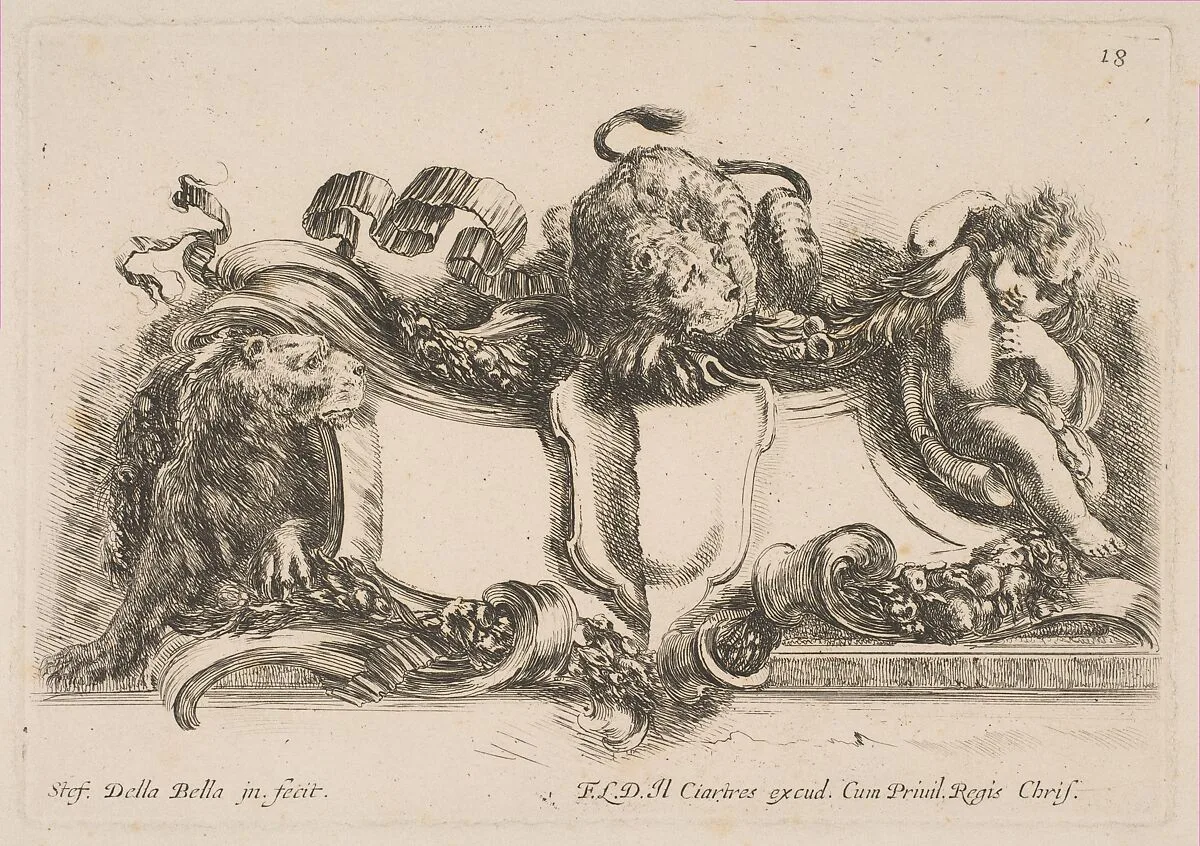 Cartouche Containing an Empty Shield Surmounted by a Lion and Framed by a Lion and a Child — Stefano della Bella|François Langlois
