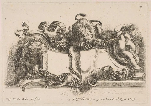 Cartouche Containing an Empty Shield Surmounted by a Lion and Framed by a Lion and a Child