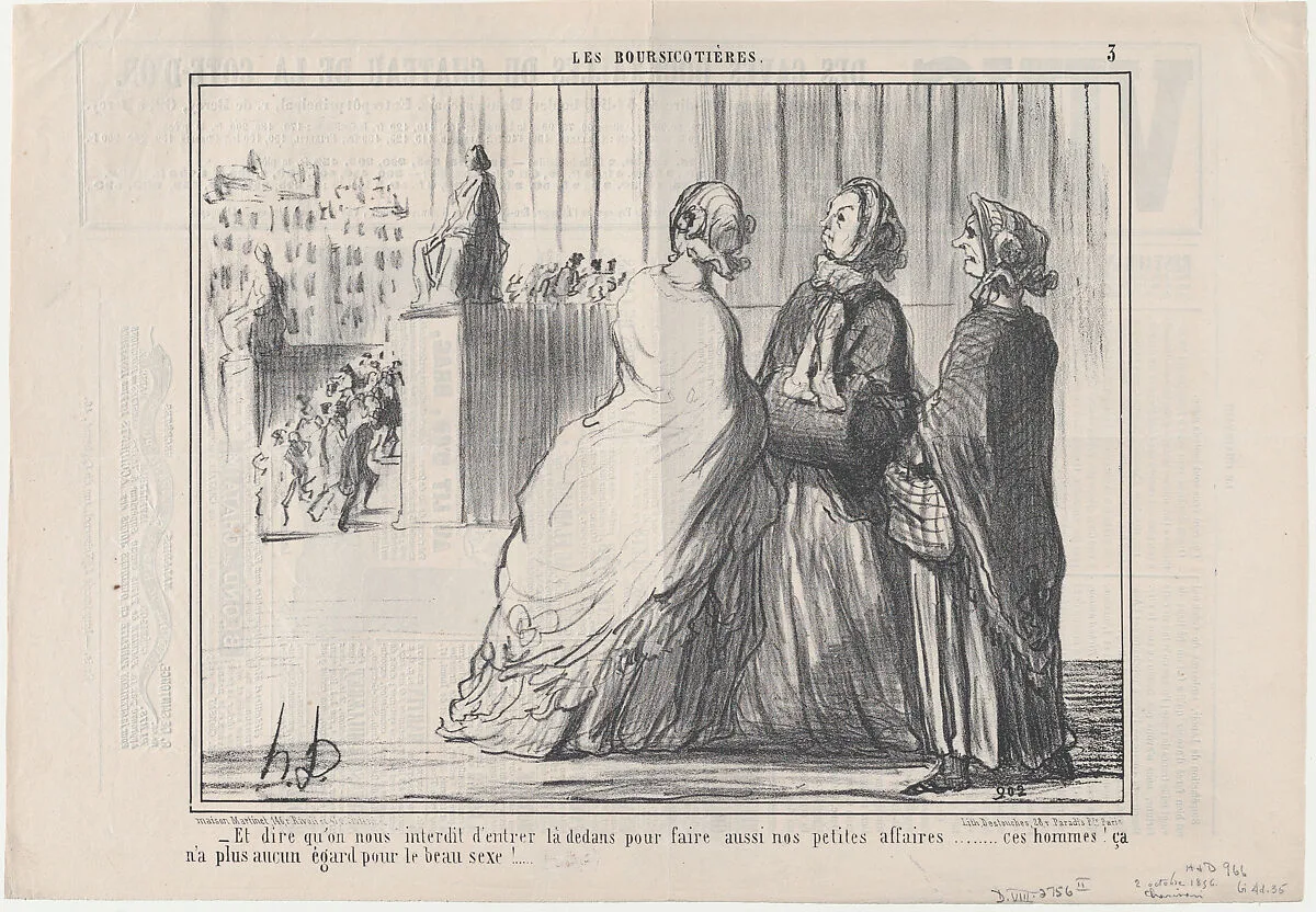 Et dire qu'on nous interdit d'entrer..., from Les Boursicotières, published in Le Charivari, October 2, 1856 — Aaron Martinet|Honoré Daumier|Destouches