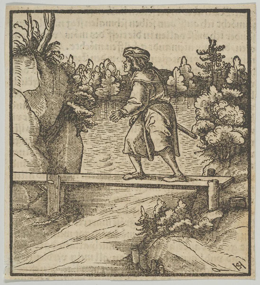 A Man Crossing a Small Bridge, from Hymmelwagen auff dem, wer wol lebt... — Hans Schäufelein|Hans von Leonrodt|Silvan Otmar