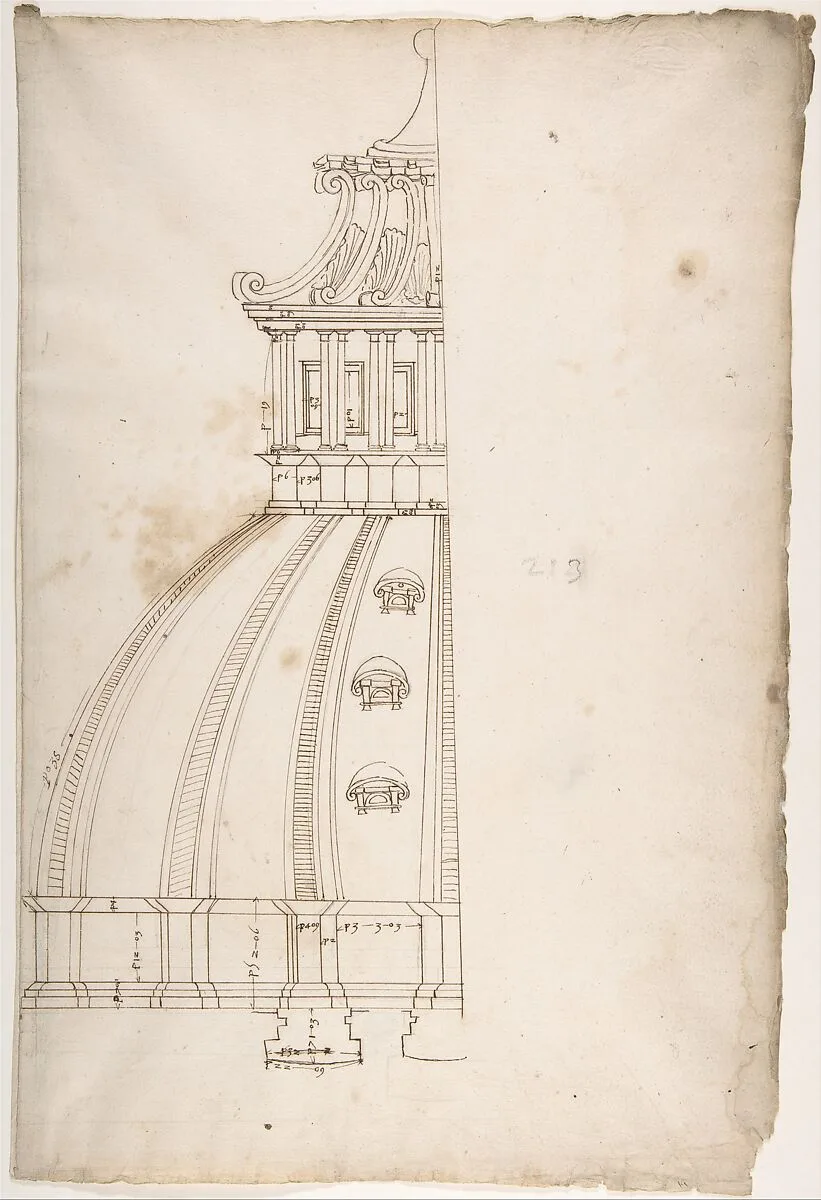 St Peter's, dome, model, half elevation (recto) blank (verso) — Etienne DuPérac|Anonymous, French, 16th century