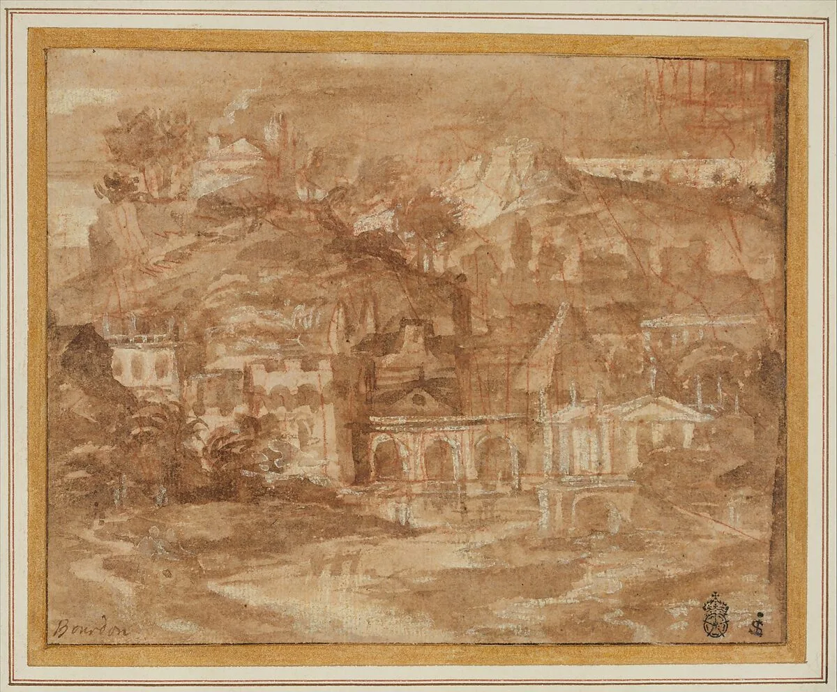 A Classical Landscape with Buildings by a River — Sébastien Bourdon