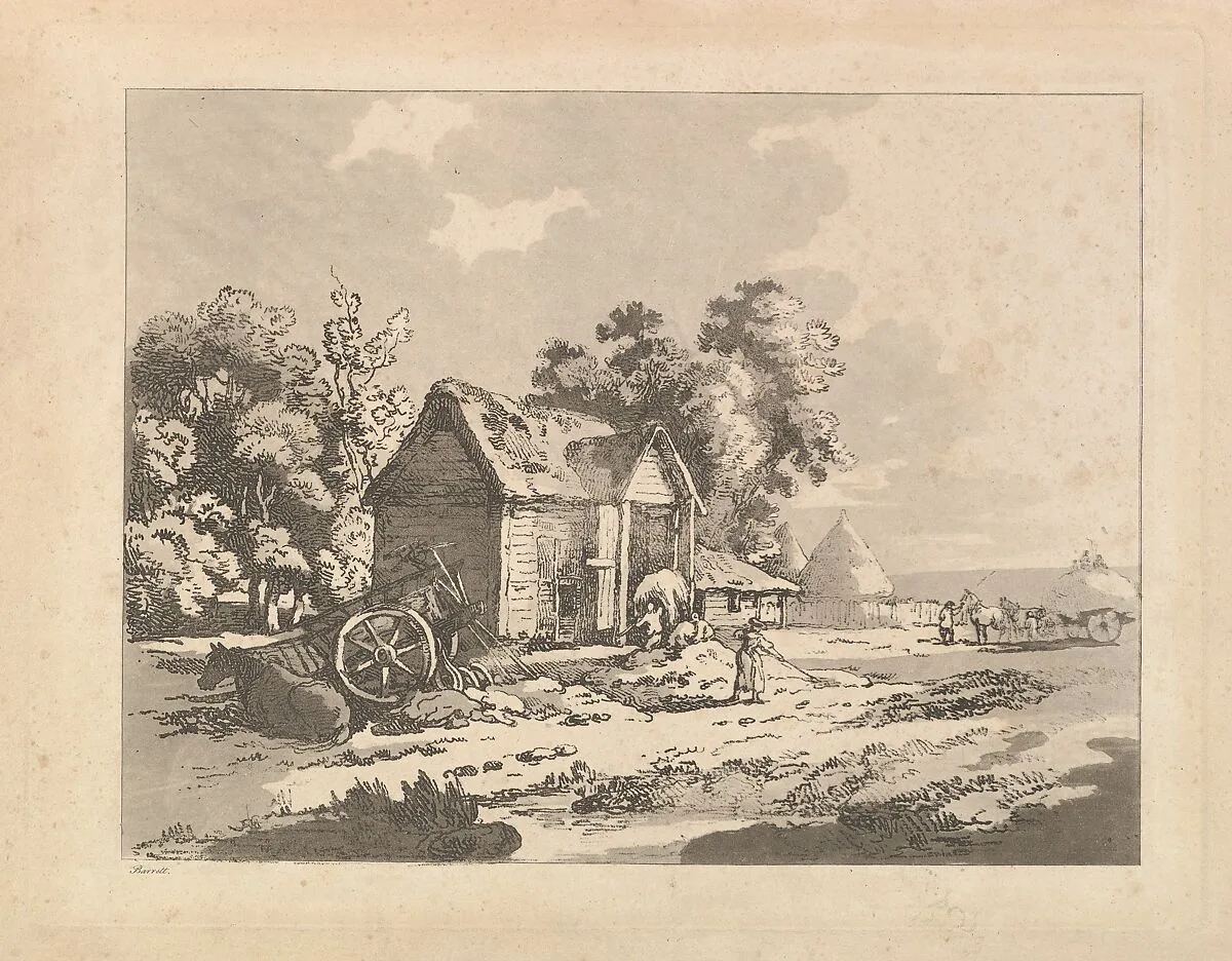 Landscape with Figures Storing Hay in a Barn, a Cart and Horse Lying Down at Left — Thomas Rowlandson|George Barret, the elder