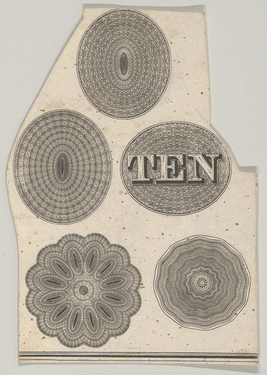 Banknote motif: Five oval or circular ornamental lathe work designs, one containing the word TEN — A. B. & C. Durand & Company|Durand, Perkins, and Company|Cyrus Durand