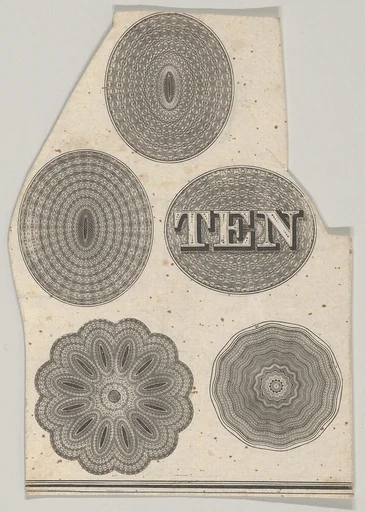 Banknote motif: Five oval or circular ornamental lathe work designs, one containing the word TEN