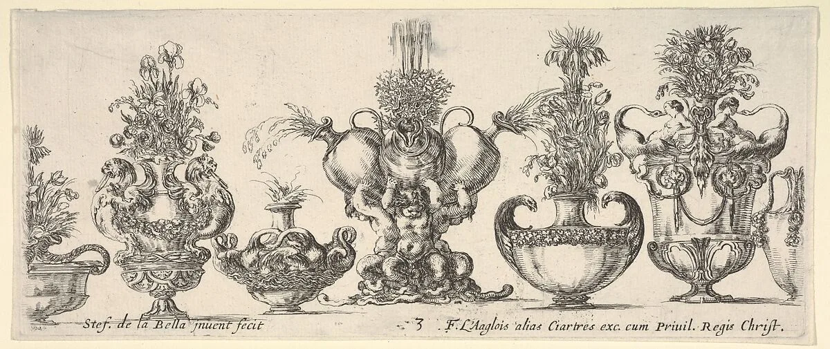 Seven vases, the vase in the middle formed by three infants, each holding an ewer, Plate 3 from: 'Collection of Various Vases' (Raccolta di Vasi Diversi) — Stefano della Bella|François Langlois