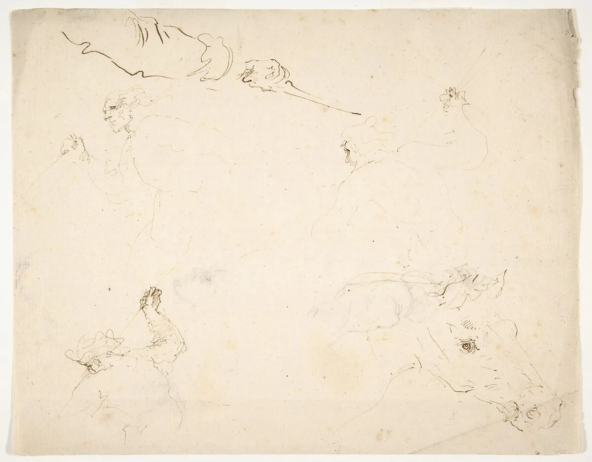 Figures in Battle and Head of a Horse (recto); Studies of a Man's Head and Arms (verso) — Stefano della Bella