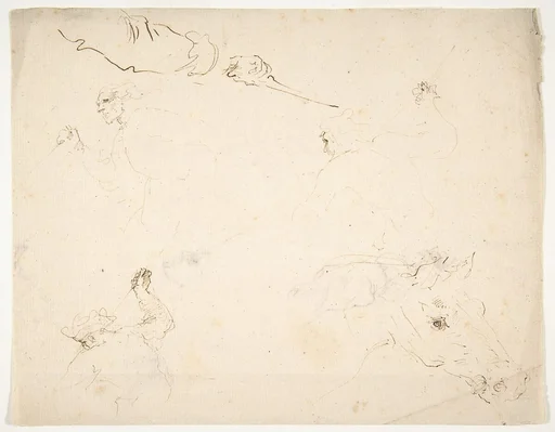 Figures in Battle and Head of a Horse (recto); Studies of a Man's Head and Arms (verso)