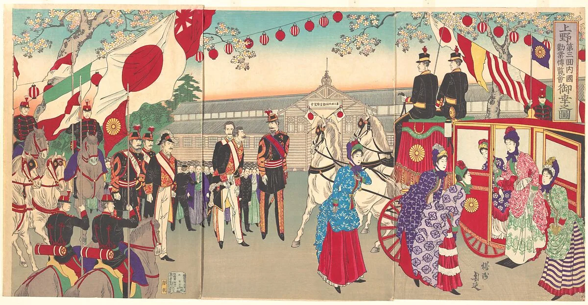 『上野第三回内国勧業 博覧会御幸之図』|Visit of the Empress to the Third National Industrial Promotional Exhibition at Ueno Park (Ueno dai sankai naikoku kangyō hakuran kai gyokō no zu) — Yōshū (Hashimoto) Chikanobu