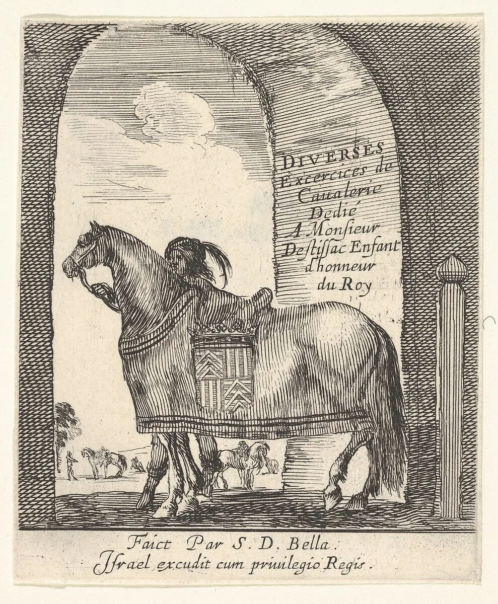 Beneath an archway, a groom holds the bridle of a horse shown in profile, facing left, the title page for 'Various cavalry exercises' (Diverses exercices de cavalerie) — Stefano della Bella|Israël Henriet