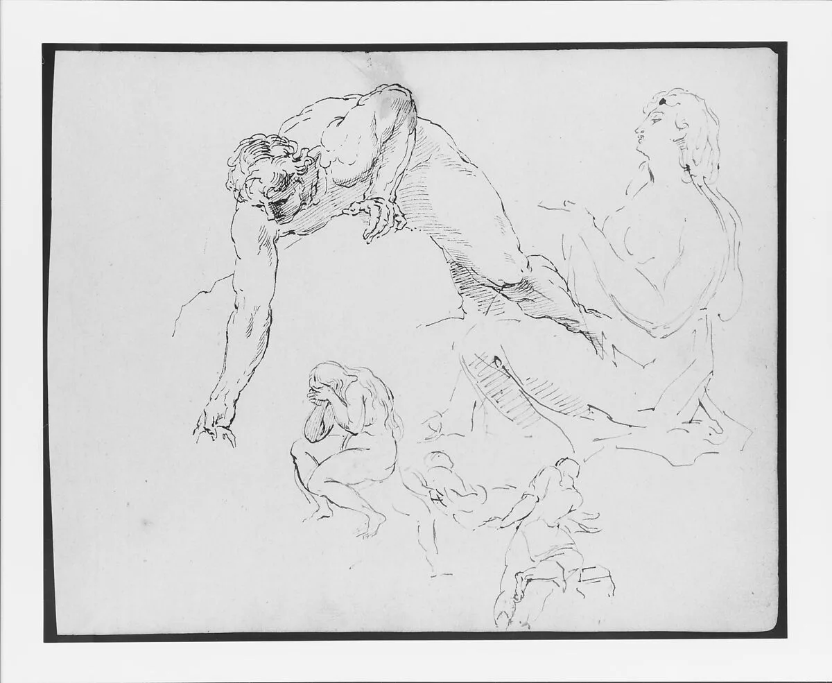 Nude Man Leaning Over Rock; Seated Female Figure; Seated Nude Female Figure with Hands to Face; Two Men Carrying Dead Body (from Sketchbook) — Thomas Sully