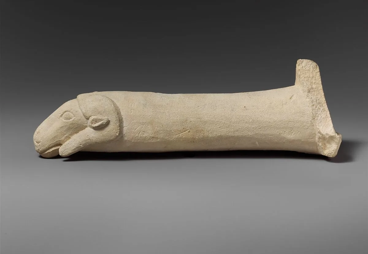 Limestone handle of a patera or a fire shovel ending in a ram’s head — Unknown