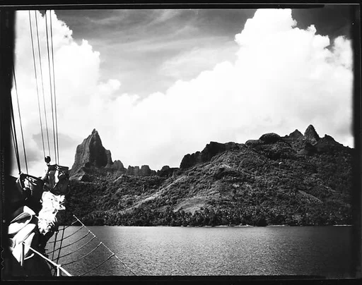 [South Seas: Rock Formations and Mountain Range, with Cressida Rigging in Foreground]