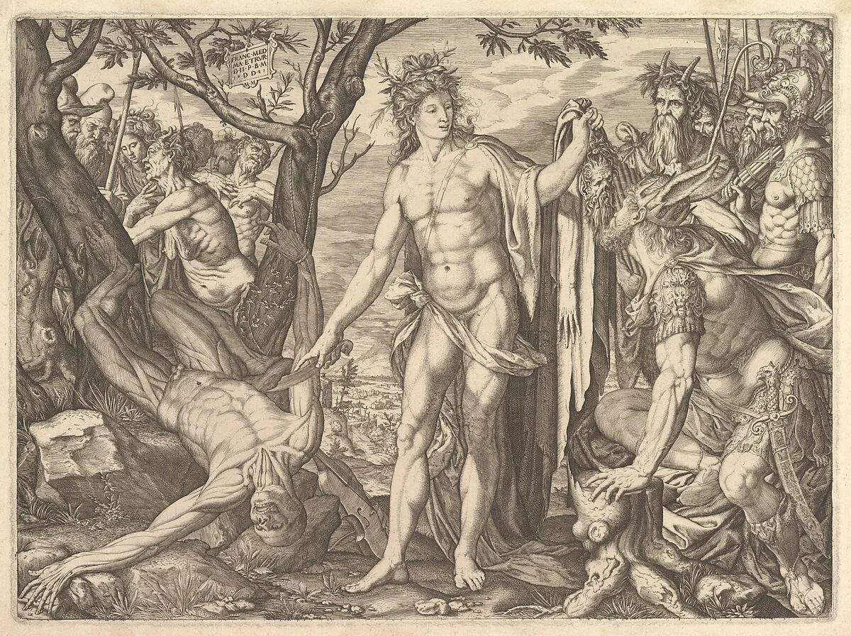 Apollo and Marsyas and the Judgment of Midas: at right Midas with the ears of an ass resting his hand against a tree stump, at center Apollo holds a flaying knife, at left the flayed corpse of Marsyas roped to a tree, soldiers and satyrs beyond — Melchior Meier