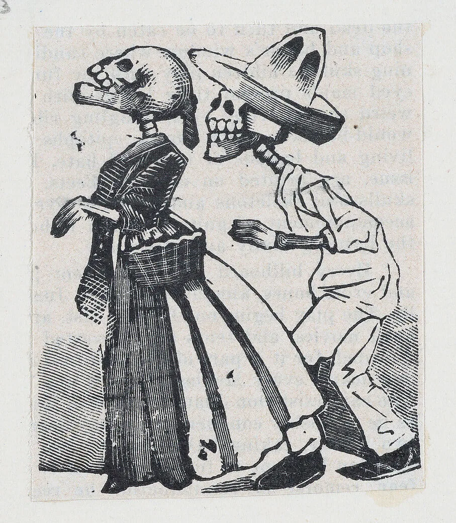 A male skeleton walking behind a female skeleton (vignette for the feast of the dead) — José Guadalupe Posada
