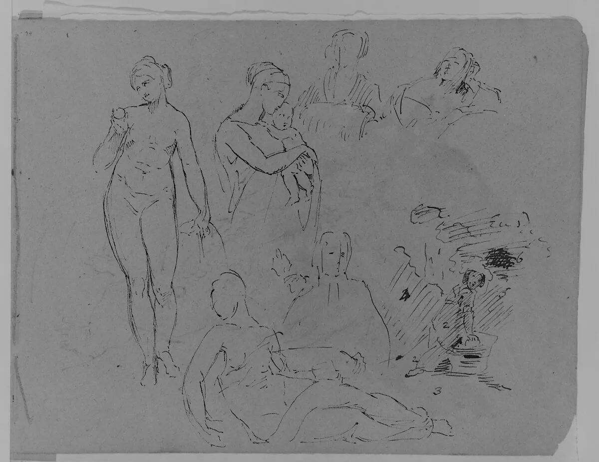 Seven Figure Sketches: Standing Female Nude with Fruit; Madonna and Child (?); Two Female Busts; Recumbent Semi-nude Figure, etc. (from Sketchbook) — Thomas Sully